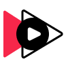 Superposition of two triangles, one red and white with a black border and a play button in the middle